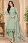Charulota Cotton Three-Piece – Elegant Sage Green Floral Suit