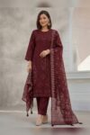 Maroon Elegance Three-Piece – Embroidered Salwar Kameez with Floral Dupatta